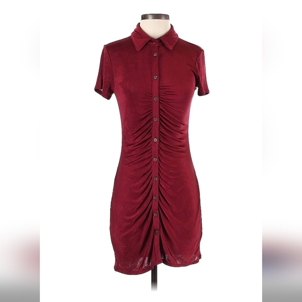 Wild Fable Ruched Collared Mini Dress In Burgundy- Size Sm